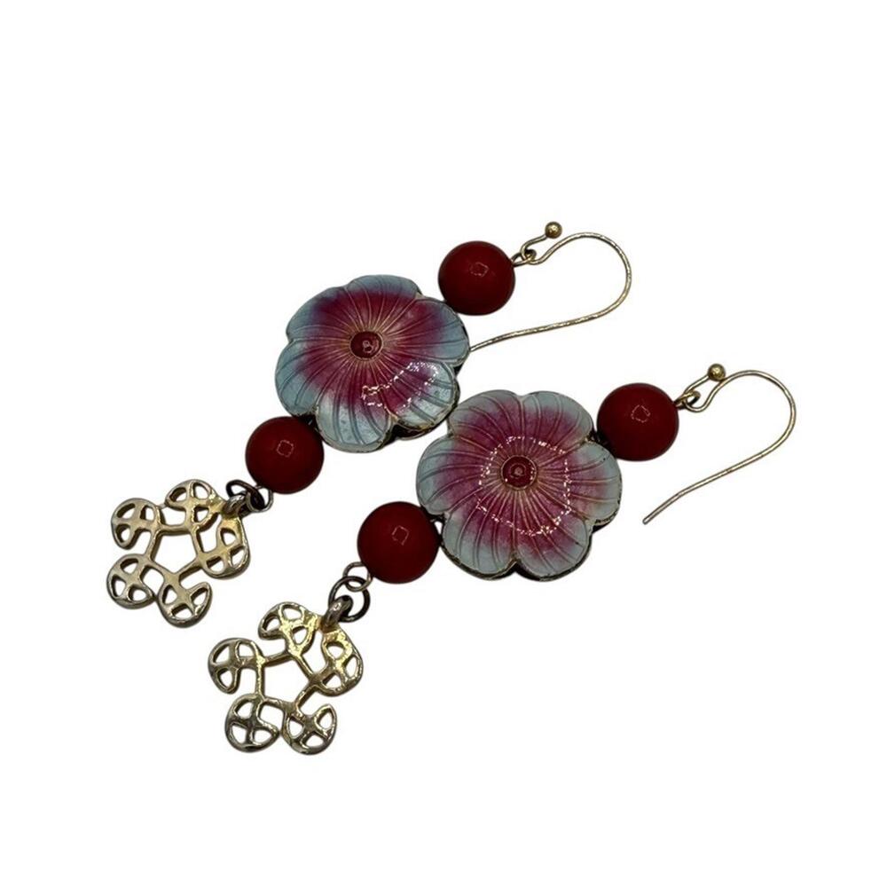 Vintage Chinese Cloisonné Enamel Flower Pattern Drop Earrings Style 7